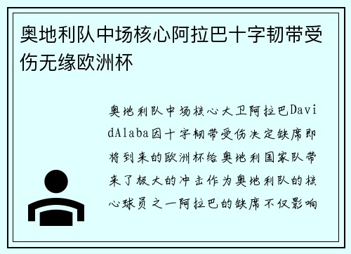 奥地利队中场核心阿拉巴十字韧带受伤无缘欧洲杯