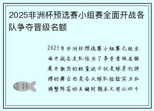 2025非洲杯预选赛小组赛全面开战各队争夺晋级名额